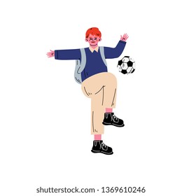 Boy Playing with Ball, Student Going to School with Backpack Vector Illustration