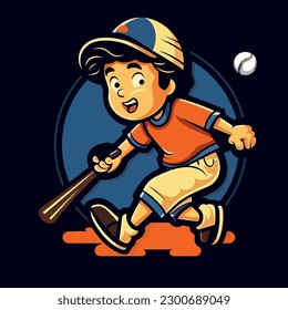 A boy playing baseball with a bat and a baseball. Sports disciplines. cartoon vector illustration, black background, label, sticker