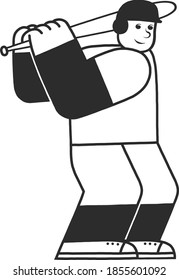 Boy playing baseball. Cartoon design for t shirt print, icon, logo, label, patch or sticker.Isolated sketch object. Flat vector illustration.