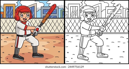 Boy Playing Baseball Coloring Page Illustration