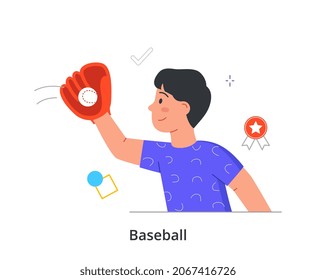 Boy playing baseball concept. Child in gloves catches ball. Character engaged in sports and leads active healthy lifestyle. Hobbies and useful entertainment. Cartoon modern flat vector illustration