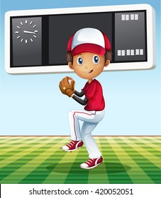 Boy playing baseball in the field illustration