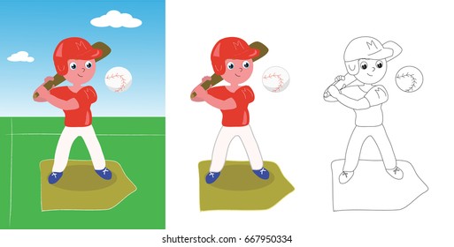 Boy playing baseball with isolated and coloring version, vector illustration