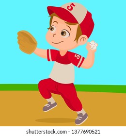 Boy Playing Baseball. Little Boy In Baseball Uniform.