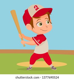 Boy Playing Baseball. Little Boy In Baseball Uniform.