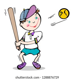 Boy playing baseball on a white background. Vector graphics