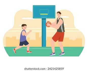 Niño jugando básquetbol con un hermano mayor en la cancha, criando juntos a la familia. Diseño de caracteres. Ilustración plana del vector