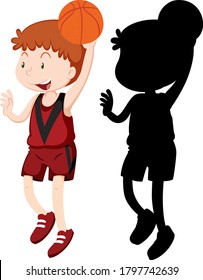 Boy playing basketball in color and silhouette illustration