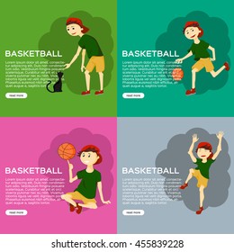 Boy playing basketball flat banner illustration, young male with cat, character set,  in cartoon style, in different poses with various facial emotions, for posters and covers