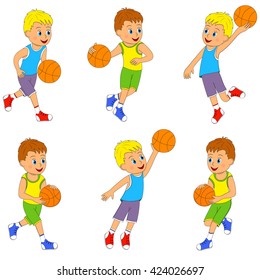  boy playing basketball set, illustration, vector