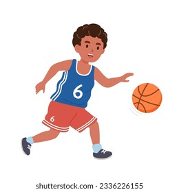Boy playing basketball. Sport play for kids exercise concept. Vector illustration isolated on white background.