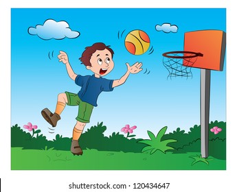 Boy Playing Basketball, vector illustration