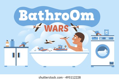 Boy playing in the bath in the sea war. Fly aircraft, ships floating in the bath, the artillery on the bedside nightstand and a washing machine. Vector illustration of a flat style.