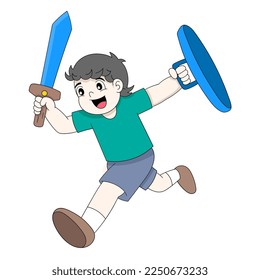 boy is playing to be warrior holding sword and shield. vector design illustration art