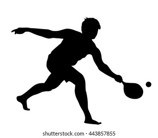 Boy playing beach tennis, ball game for beach, vector silhouette illustration.