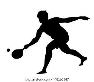 Boy playing beach tennis, ball game for beach, vector silhouette illustration.