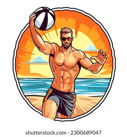 Boy playing beach volleyball. Sports disciplines. cartoon vector illustration, isolated background, label, sticker