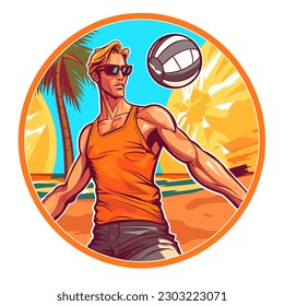 Boy playing beach volleyball. Sports disciplines. cartoon vector illustration, isolated background, label, sticker