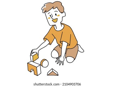 Boy playing with blocks, warm hand-drawn portrait illustration, vector on white background