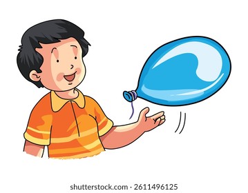 A boy playing with a blown up balloon