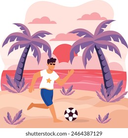 Boy playing Bocce on the Beach concept, Person Kicking the Soccer Ball vector colorful design, Nature and landscape postcard, Scenic Summer Season Vibes Sign, Idyllic Remote stock illustration