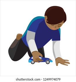Boy playing with a car, in flat style. Fine for stationary, preschool sites and articles, illustrations, kindergarten diplomas.