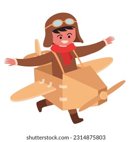 Boy playing with cardboard airplane cartoon vector