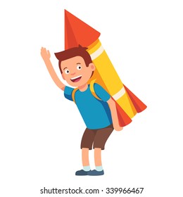 Boy playing with cardboard space rocket. Imagination of a a leader flies high. Flat style vector illustration isolated on white background.