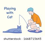 A boy is playing with a cat on a fishing rod. hand drawn style vector design illustrations.