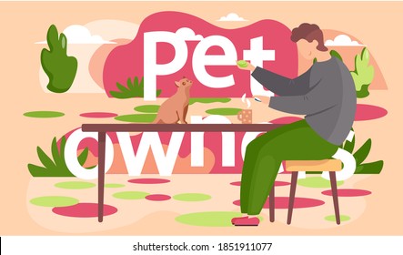 A boy is playing with a cat sitting on the table. Pet owner spend time at home with his domestic animal kitty vector design illustration. Man playing a board game with chips sitting on the bench