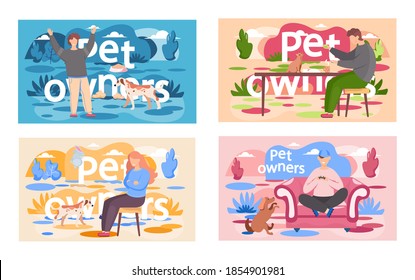 A boy is playing with a cat sitting on the table. Pet owner spend time at home with his domestic animal kitty vector design illustration. Woman sitting with her dog, walking outdoor scenes set
