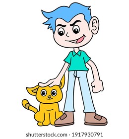 boy playing with cat together, doodle draw kawaii. vector illustration art