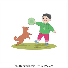 A boy is playing catch with his pet dog with a happy expression