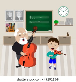 Boy Playing In Cello With His Teacher At Musical Class. Vector Illustration.