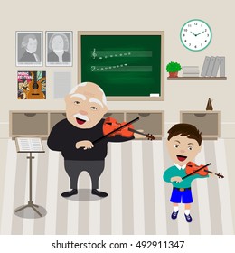 Boy Playing In Cello With His Teacher At Musical Class. Vector Illustration.