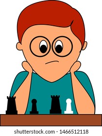 Niño jugando ajedrez, ilustración, vector sobre fondo blanco.