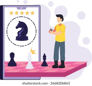 Niño jugando al ajedrez en la ilustración de la pantalla del teléfono inteligente