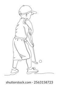 Boy playing children golf holding stick. Continuous line drawing. Black and white vector illustration in line art style.
