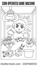 Boy playing claw machines. flat design Cartoon concept Vector, illustration of the claw game device. outline stroke. Thin line.