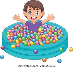 Boy playing with colored balls in the bath