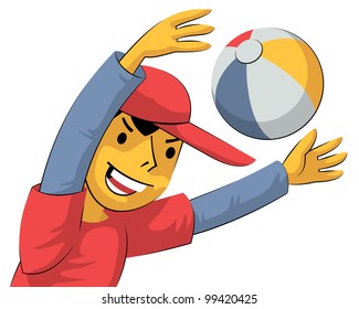 Boy playing with colorful ball and laughing from joy