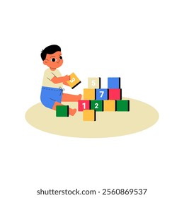 Boy Playing With Colorful Building Blocks On The Floor In Flat Vector Illustration Symbolizing Creativity, Learning, And Early Childhood Development, Isolated On White Background.