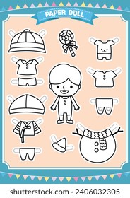 Boy playing with coloring paper dolls