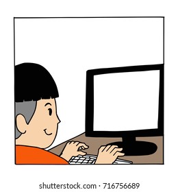 Boy playing computer cartoon