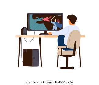 Boy Playing Computer Game At Home. Child Player Sitting At Desk And Enjoy Gaming Online. Teenager Hobby And Leisure Activity. Flat Vector Cartoon Isolated Illustration