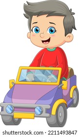 The boy is playing the cool little car with the happy expression of illustration