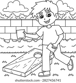 boy playing cornhole game backyard coloring page activity sheet line art