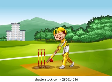 Boy playing cricket on pitch illustration