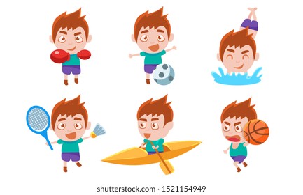 Boy Playing Different Sports Set, Boy Boxing, Playing Soccer, Badminton, Basketball, Swimming, Kayaking Vector Illustration