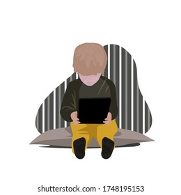 Niño jugando con tableta digital. niños sentados con dispositivos. Ilustración vectorial de un niño lindo.